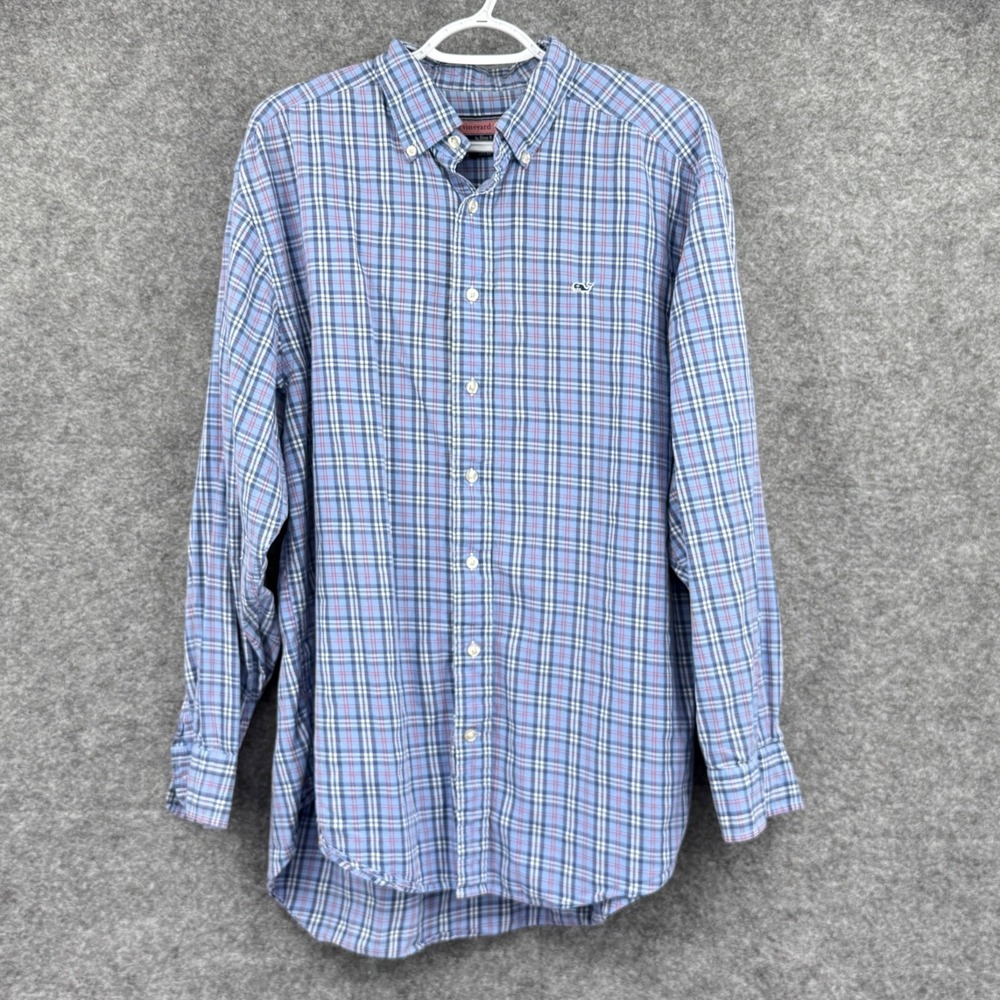 Vineyard Vines Mens Blue & Red Plaid Whale Shirt Button-Down 100% Cotton Size L‎